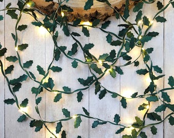 Green Holly Fairy Lights - Christmas Table Lit Garland - Festive Holiday Home Decor - Dark Rustic Cottagecore Leaf String Lights Decoration