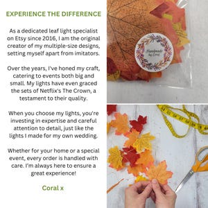 May include: A close-up of a clear plastic bag filled with fall-colored maple leaf lights. The bag is labeled "Handmade by Coral". The image also shows a hand holding a strand of the lights and a measuring tape.