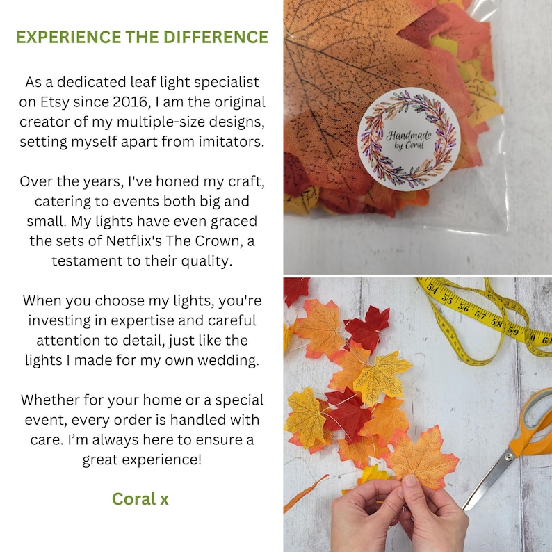 May include: A close-up of a clear plastic bag filled with fall-colored maple leaf lights. The bag is labeled "Handmade by Coral". The image also shows a hand holding a strand of the lights and a measuring tape.