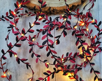 Black & Burgundy Leaf Fairy Lights - Gothic Wedding Table Decor Garland - Dark Academia Bedroom - Victorian Goth Halloween String Lights