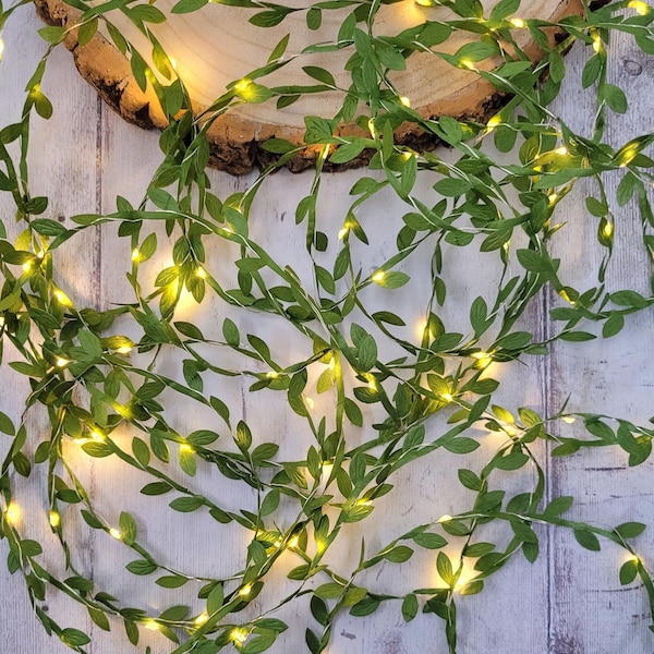 Extra Long Green Leaf Fairy Lights - Boho Bedroom Decor - Rustic Wedding Table Decor Garland - LED String Lights - Home Decor Woodland Vine