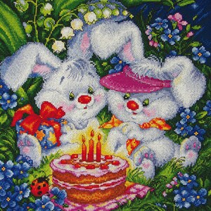 Wir sind beide glücklich!" LanSvit KREUZSTICH KIT (D-005) / Geburtstag Hase Tiere Kinder Cartoon Kuchen Geschenk Hase Marienkäfer Blumen Stickerei