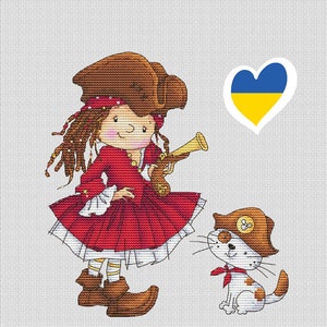With Us You Will Never Get Bored!&quot; LanSvit CROSS-STITCH PATTERN (D-031) /pirate child caribbean sea cat girl needlework kreuzstich