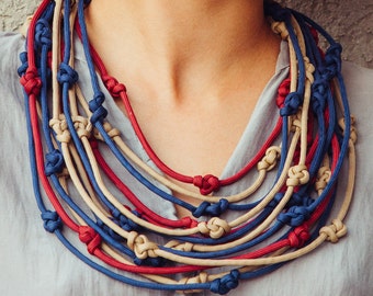 Braided Rope Statement Necklace: Navy Blue, Red, Beige