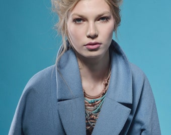 Braided Rope Statement Necklace: Blue Peach Strand, Contemporary Style