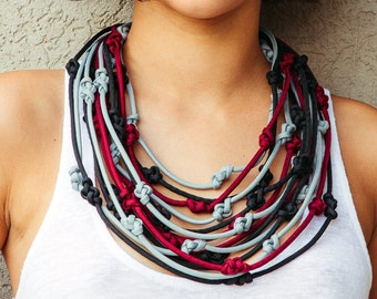 Braided Rope Statement Necklace: Burgundy, Black, Grey