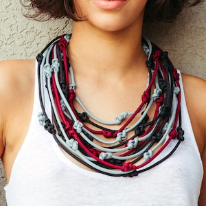 Braided Rope Statement Necklace: Burgundy, Black, Grey