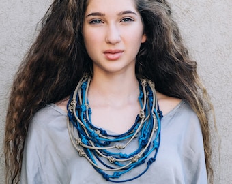 Braided Navy Blue Rope Necklace: Multi Strand Statement Jewelry