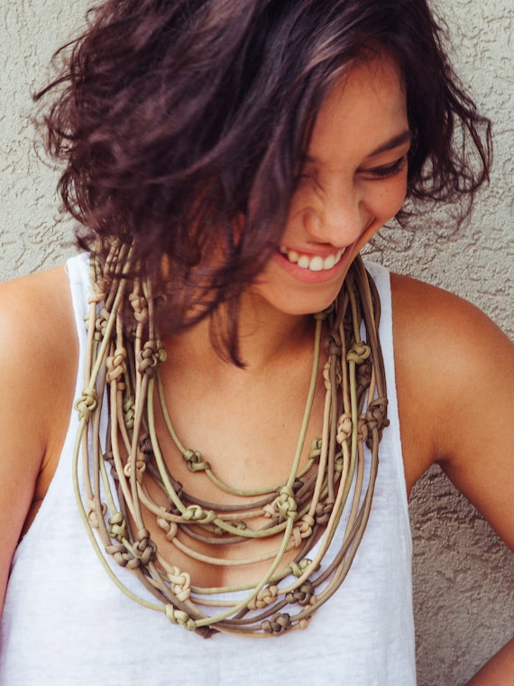 Khaki Statement Necklace: Braided Nylon Rope, Stainless Steel Clasp