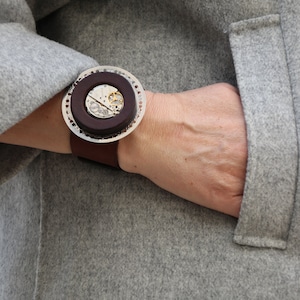 Brown leather bracelet Leather statement bracelet Leather cuff Watch  Jewelry Steampunk jewelry Wide bracelet for women Adjustable bracelet