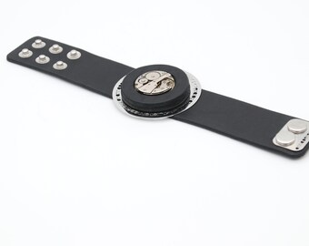 Black Leather Statement Bracelet: Steampunk Watch Jewelry Cuff