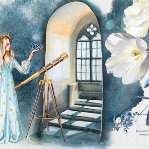 Aquarel astronomie clipartset, tovenaar clipart, Wizard illustratie, kristallen bol, sterrenbeeld, heks, kasteelraam, tovenarij, fantasie clipart