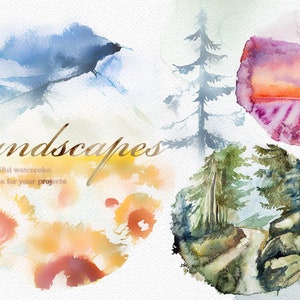 Watercolor Landscapes Clipart Set,Nature,Sunflowers Field,Lavender Field,Forest,Road,Mountains,Camping,Travel,Lake,Wedding Stationery,Card