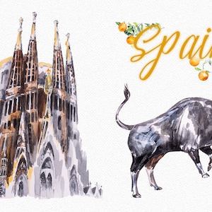 Conjunto de clipart aquarela Espanha, viagem, viagem, férias, verão, aventura, adesivos, touro, ostras, Gaudí, Barcelona, Sagrada Família, Corrida, transparente