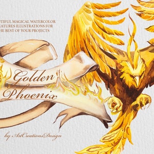 Aquarel Golden Phoenix clipartset, tovenaar, fantasie, fantastische vogel, vuur, magische vogel, magisch, transparante png, tovenarij, oude banner, kunst aan de muur