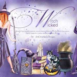 Watercolor Wicked Witch Clipart Set,Magic,Wizard,School of Wizardry,Charms,Witchcraft,Monster Book,Magician,Broomstick,Fairytale,Fantasy