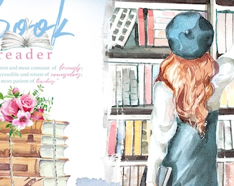 Watercolor Book Reader Clipart, Book Stack, Flowers, Library Scene (Digital Download)