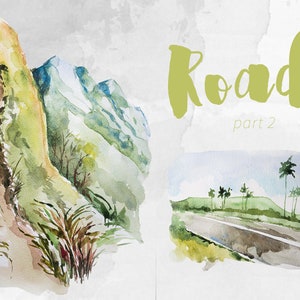 Watercolor Roads Part 2 Clipart Set,Retro Camping,Traveling Clipart,Mountains,Beach,Adventure,Wanderlust,Trip,Tropical,Palms,Vacation,PNG