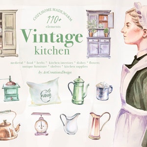 Watercolor Vintage Kitchen Clipart Set,Old Furniture, Kitchen Plants,Maid,Cottage Illustration,Spring Clipart,Planner,Stickers,Printable,