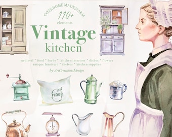 Watercolor Vintage Kitchen Clipart Set, Cottage Illustration (Digital Download)