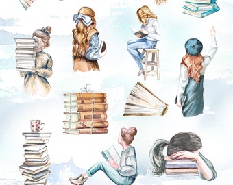 Imágenes prediseñadas de acuarela de lectores, pila de libros, flores, escena de biblioteca (descarga digital)