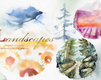 Watercolor Landscapes Clipart Set,Nature,Sunflowers Field,Lavender Field,Forest,Road,Mountains,Camping,Travel,Lake,Wedding Stationery,Card