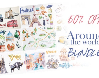 May include: Watercolor clipart bundle featuring iconic landmarks and cultural elements from England, France, Italy, Spain, and Venice. Includes illustrations of the Eiffel Tower, Big Ben, a double-decker bus, and more. The text says "Around the world BUNDLE".