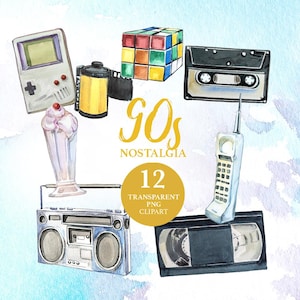 Retro watercolor clipart 80s 90s nostalgia png vintage sticker graphics