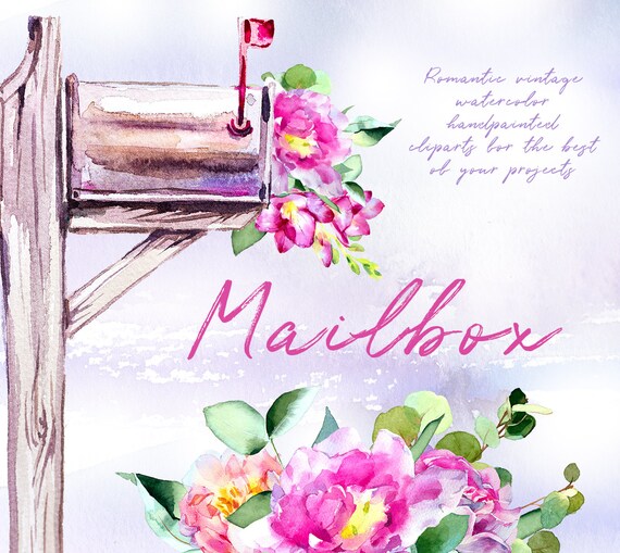 Download Watercolor Mailbox Clipart Set Mailbox Retro Postbox Flowers Rose Pionies Leaf Bouquet Digital Scrapbooking Png Transparent
