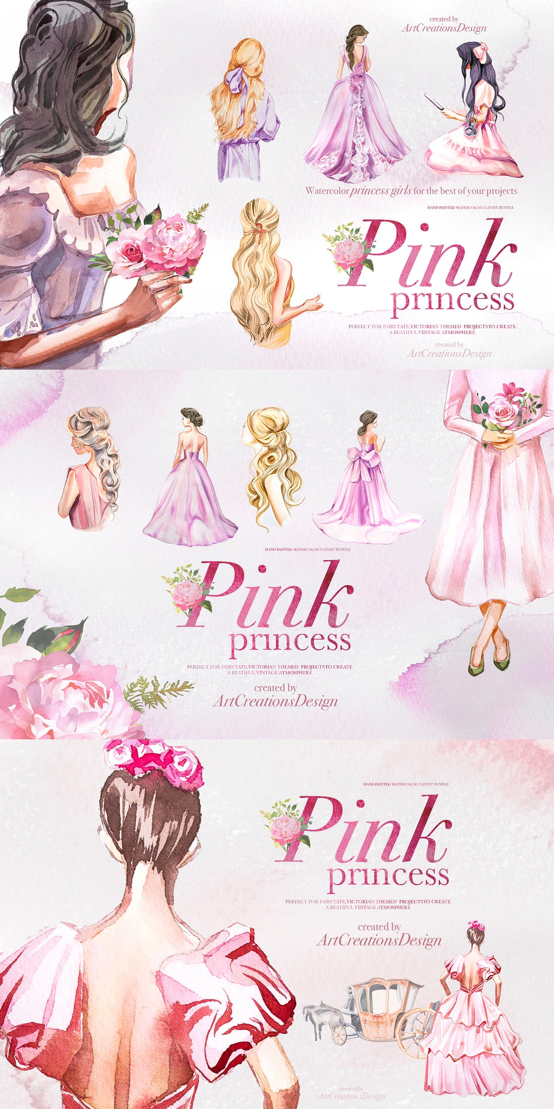 Watercolor Pink Princess Bundle,fairytale Clipart,girl Illustration ...