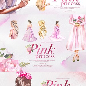 May include: Watercolour illustrations of princess girls in pink gowns, with floral details and elegant hairstyles. The image includes the text "Pink princess" and "ArtCreationsDesign". The overall theme is fairytale and vintage.