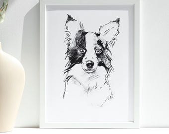 Border Collie Dog Art Print, Charcoal Drawing, Pet Portrait Wall Decor