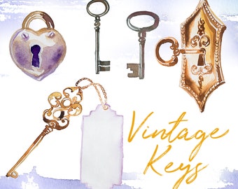 Watercolor Vintage Keys Clipart,Handpainted clipart,Wedding DIY,Design element,Printable,Digital Print,Retro Padlock,Antique,Transparent,PNG
