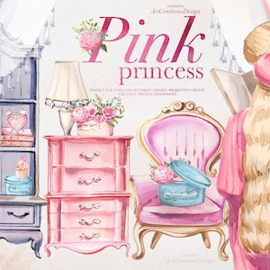 May include: A watercolour illustration with a pink princess theme. It features a pink dresser, a blue cabinet, a pink chair, and a woman with long blonde hair. The image includes the text "Pink princess."