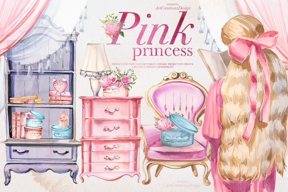 Watercolor Pink Princess Bundle,Fairytale Clipart,Girl Illustration,Planner Stickers,Vintage Furniture,Castle,Flowers,Victoria Lady,Carriage
