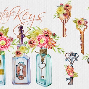 Watercolor Vintage Keys Clipart,Handpainted clipart,Wedding DIY,Design element,Printable,Digital Print,Retro Padlock,Antique,Transparent,PNG