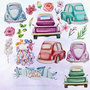 May include: Watercolor illustration featuring several vintage cars in various colors, including blue, purple, red, and green. The image also includes floral elements, ribbons, balloons, and a banner with the text "Just Married". The phrase "21 watercolor elements" is also present.
