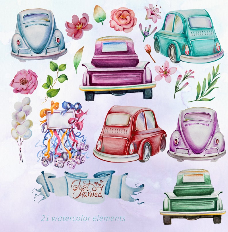 May include: Watercolor illustration featuring several vintage cars in various colors, including blue, purple, red, and green. The image also includes floral elements, ribbons, balloons, and a banner with the text "Just Married". The phrase "21 watercolor elements" is also present.