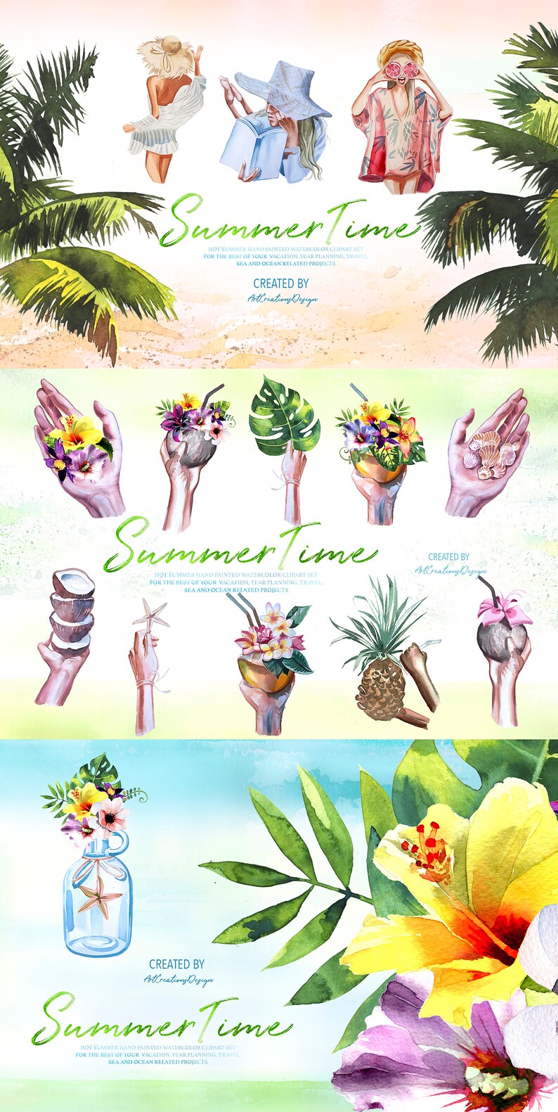 May include: Watercolor illustrations with a summer theme. The image features tropical flowers, hands holding coconuts, and people in beach attire. Text includes "Summer Time" and "Created by ArtCreationsDesign."
