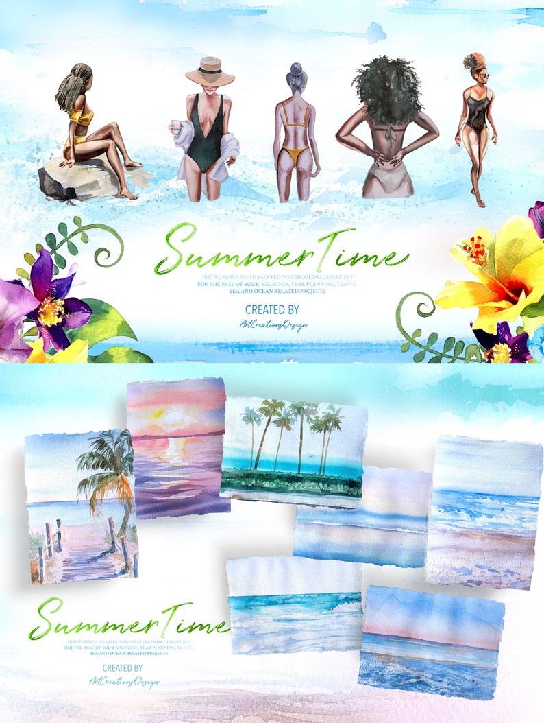 May include: Watercolor clipart set with the text "Summer Time" featuring illustrations of women in swimwear and beach scenes. The set includes watercolor paintings of the ocean, palm trees, and sunsets, perfect for vacation-themed projects.