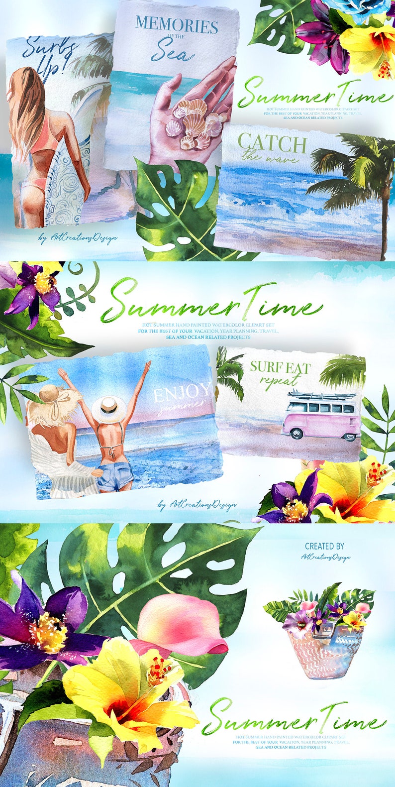May include: Watercolor clipart set with a summer theme. The image features illustrations of beach scenes, seashells, and tropical flowers. Text includes "Summer Time", "Memories of the Sea", and "Surf's Up!"