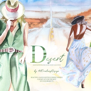 Watercolor Desert Clipart Set,Summer Girl,Girl in Dress,Cactus,Landscape,Safari,Summertime,Sunset,Beauty,Planner,Stickers,Printable,Print