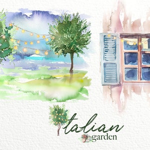 Watercolor Italian Garden Clipart Set,Lights,Garland,Countryside,Provence,Village,Lantern,Summer,Night,Wedding,Stationery,Rustic,Vintage