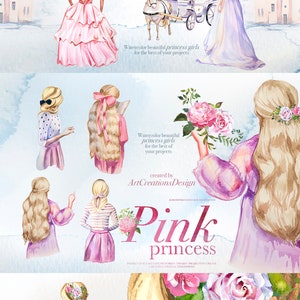 May include: Watercolour illustrations of princess figures in pink and pastel gowns, with long flowing hair and floral accents. The image includes text that reads "Pink princess" and "ArtCreationsDesign".