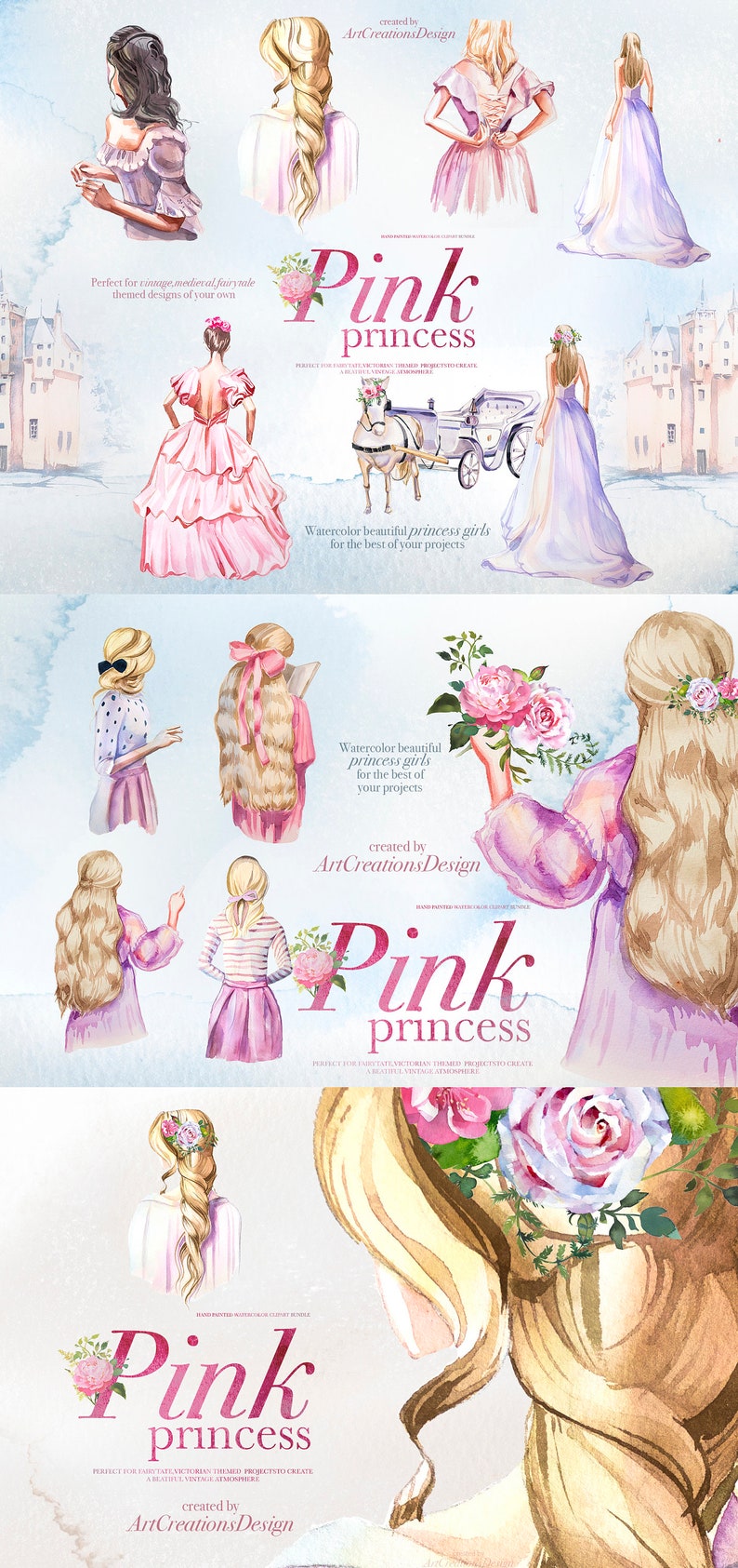 May include: Watercolour illustrations of princess figures in pink and pastel gowns, with long flowing hair and floral accents. The image includes text that reads "Pink princess" and "ArtCreationsDesign".