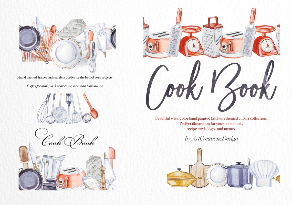Cookbook Tools Watercolor Cook Book Clipart Set,cookbook Cover,kitchen Utencils ...