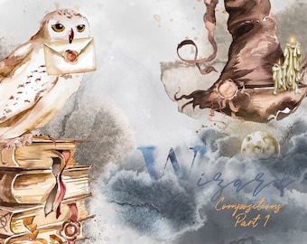 Watercolor Wizard Clipart Set,Magician,Wizardy,Magic,Owl,Witch Hat,Broom,Candles,Skull,antasy,Mythical,Fantastic,Imagination,Night,Fantasy