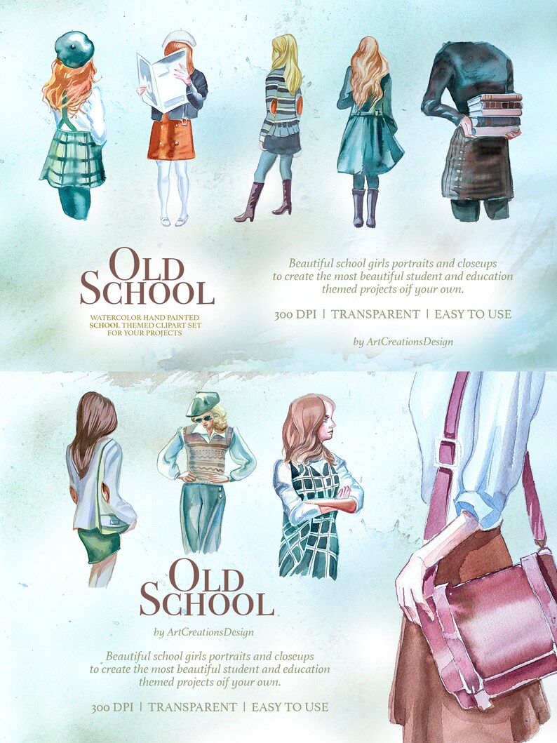 K&ouml;nnte beinhalten: Aquarellillustrationen von M&auml;dchen zum Thema Schule in verschiedenen Outfits. Das Bild enth&auml;lt den Text "OLD SCHOOL" und "WATERCOLOR HAND PAINTED SCHOOL THEMED CLIPART SET FOR YOUR PROJECTS". Der Text "300 DPI | TRANSPARENT | EASY TO USE" ist ebenfalls enthalten.