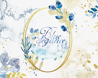 Watercolor Blue and Gold Clipart Set,Gold,Elegant ,Leaves,Classic Frames,Wedding Stationery,Blue Gold Background,Card,Watercolor Splatter