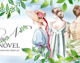 Watercolor Novel Clipart Set, Vintage Women, Romantic Illustrations (Digital Download)
